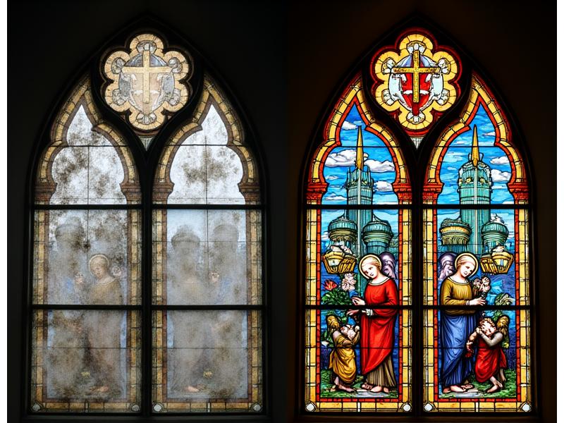 Prima e dopo restauro vetrata Chiesa Santa Maria